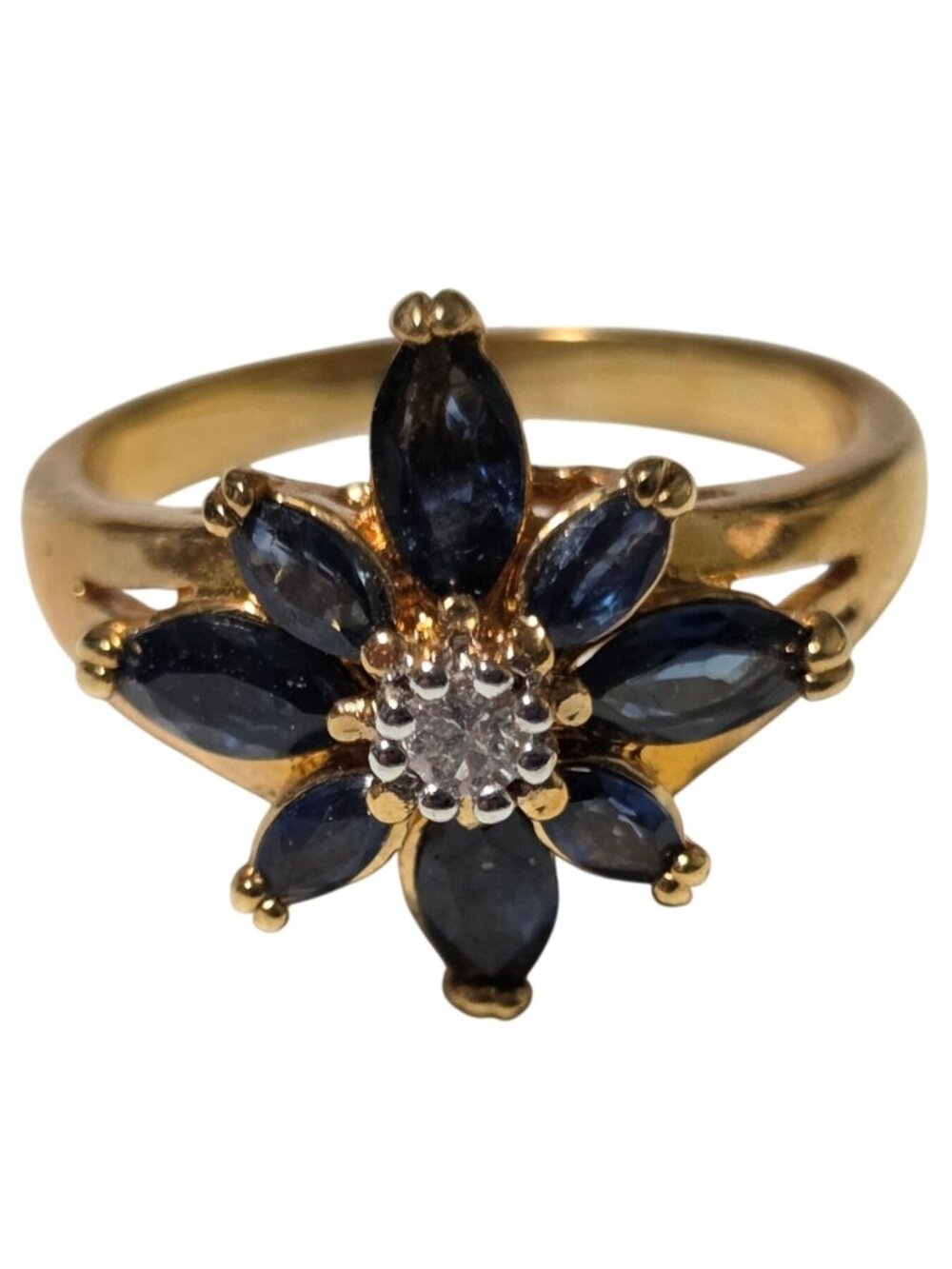 Vintage Flower Ring  Size 7.25 Blue Marquise Stones Clear Center Accent